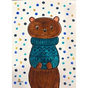 Hand painted watercolor original painting otter in a sweater